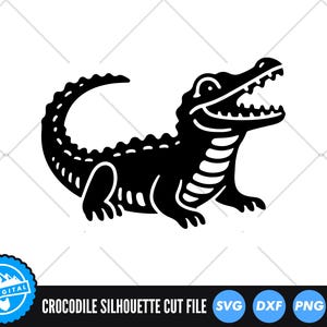 May include: Black silhouette of an alligator or crocodile with its mouth open, showing teeth. The silhouette is facing right and has a long tail.