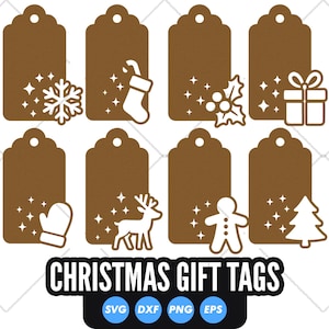 以下が含まれることがあります： 茶色のギフトタグ。雪の結晶、靴下、ヒイラギ、ギフト、ミトン、トナカイ、ジンジャーブレッドマン、クリスマスツリーなど、さまざまなクリスマスをテーマにしたデザインが施されています。「CHRISTMAS GIFT TAGS」の文字がタグの下に表示されています。