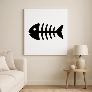 May include: A black and white wall art print featuring a stylized fish skeleton design. The artwork is displayed on a white canvas, creating a striking contrast against the neutral-toned wall. The minimalist design adds a touch of modern decor.