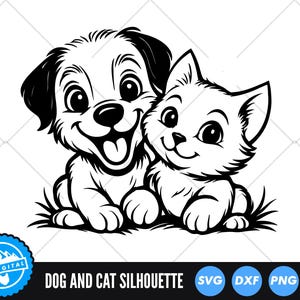 Puede incluir: Silueta en blanco y negro de un perro y un gato acurrucados. El perro está a la izquierda y el gato a la derecha. Ambos animales sonríen.