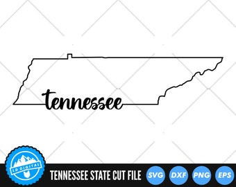 May include: Black and white outline of the state of Tennessee with the word "Tennessee" written in cursive script.