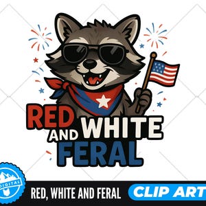 Clip art PNG de mapache rojo, blanco y salvaje / Diseño de sublimación del 4 de julio / Gráfico de animal patriótico para camisetas, vasos, tazas y manualidades