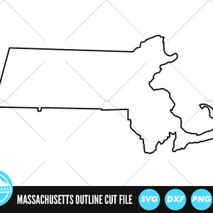 May include: Black and white outline of the state of Massachusetts. The outline includes the mainland and Cape Cod.  SVG, DXF, PNG, and EPS file formats are available.