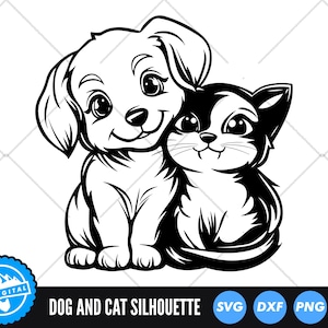 Puede incluir: Silueta en blanco y negro de un perro y un gato, ambos mirando hacia la derecha. El perro tiene orejas caídas y la cola moviéndose. El gato tiene la cola enroscada y está sentado detrás del perro.