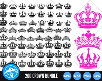 May include: A collection of crown designs in black and pink. The image features a variety of crown illustrations, including detailed black crowns and three pink crowns. The text "200 CROWN BUNDLE" is displayed at the bottom, along with file type icons.