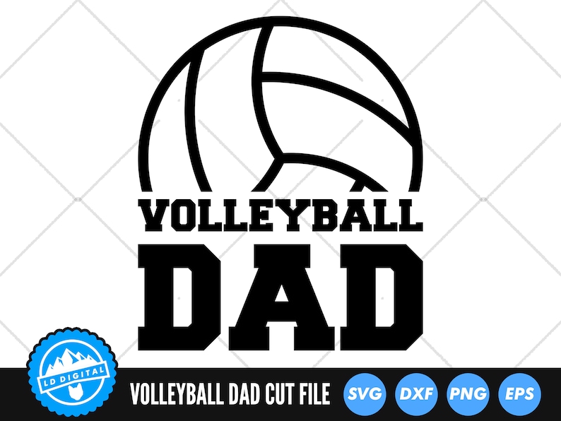 Pode incluir: Design gr&aacute;fico preto e branco de uma bola de voleibol com o texto "Volleyball Dad" abaixo.