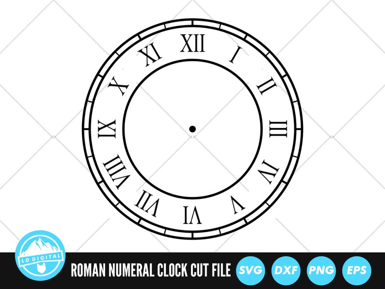 Peut inclure: Cadran d'horloge noir et blanc avec des chiffres romains. Le cadran de l'horloge est un cercle avec un contour noir et un point noir au centre.