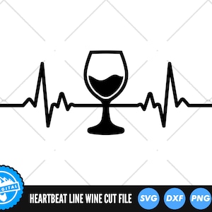 May include: Black and white silhouette of a wine glass with a heartbeat line graphic. The graphic is a simple line drawing of a heartbeat with a wine glass in the center. The image is a cut file for crafting projects.