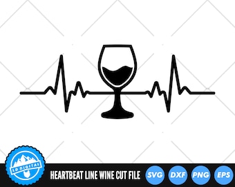 Arquivos SVG de linhas de batimento cardíaco | Arquivos de corte SVG de vinho | Arquivos vetoriais de vinho com batimento cardíaco | Vetor de taça de vinho | Clip-art de vinho tinto