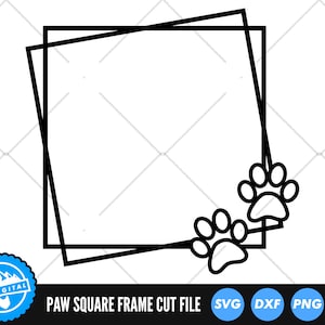 May include: A black and white outline of a square frame with two paw prints in the bottom right corner.