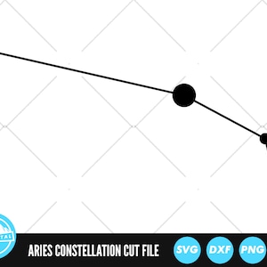 May include: Black and white line art illustration of the Aries constellation. The constellation is made up of four stars connected by lines.
