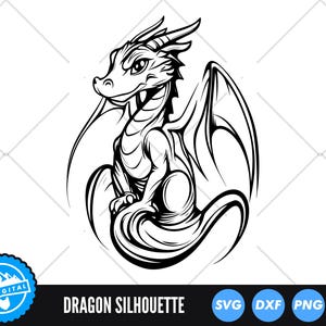 May include: Black and white silhouette of a dragon with wings spread out. The dragon is sitting on its haunches with its head turned to the side.