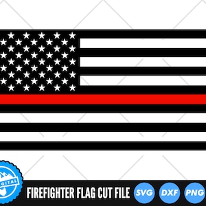 Könnte beinhalten: Eine schwarz-weiße amerikanische Flagge mit einem einzigen roten Streifen in der Mitte. Die Flagge ist eine digitale Schnittdatei für Bastelprojekte. Der Text "FIREFIGHTER FLAG CUT FILE" befindet sich unter der Flagge. Die Datei ist in den Formaten SVG, DXF, PNG und EPS verfügbar.