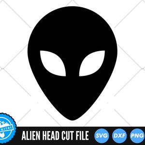 May include: Black and white silhouette of an alien head with large eyes.  Alien Head Cut File. SVG DXF PNG EPS