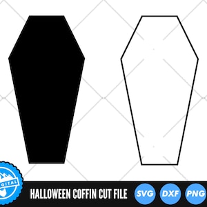 May include: A black and white outline of a coffin. The black coffin is filled in, while the white coffin is an outline. The text "HALLOWEEN COFFIN CUT FILE" is below the images. The text "SVG DXF PNG EPS" is below the text.