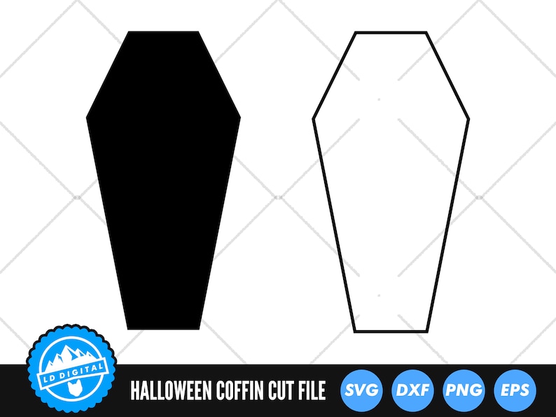 May include: A black and white outline of a coffin. The black coffin is filled in, while the white coffin is an outline. The text "HALLOWEEN COFFIN CUT FILE" is below the images. The text "SVG DXF PNG EPS" is below the text.