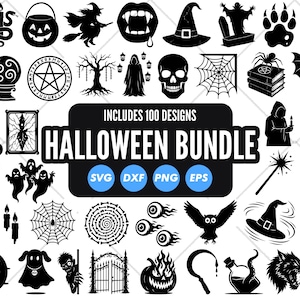 Halloween SVG Bundle, 100 Spooky Silhouette Cut Files for Cricut & Silhouette, Ghost, Bat, Pumpkin, Witch Designs, Skeleton, Haunted House