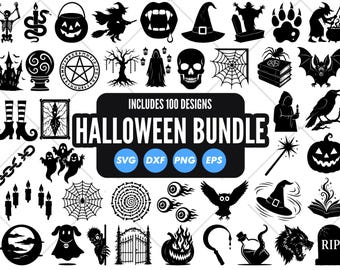 Halloween SVG Bundle, 100 Spooky Silhouette Cut Files for Cricut & Silhouette, Ghost, Bat, Pumpkin, Witch Designs, Skeleton, Haunted House