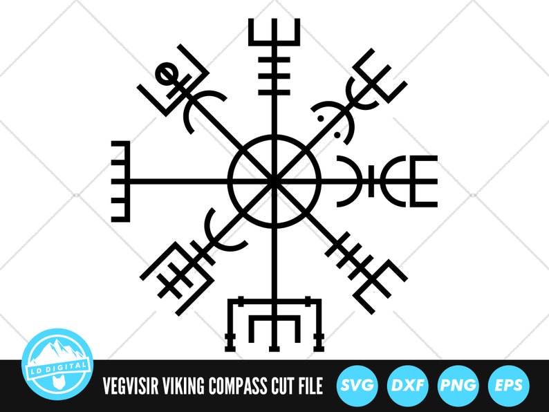 May include: Black and white line art illustration of a Vegvisir, a Viking compass symbol. The symbol is a star with eight points, each point having a unique design. The symbol is often used as a guide for travelers and is said to help them find their way home.