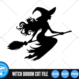 May include: Black silhouette of a witch flying on a broomstick. The witch has long hair and is wearing a pointed hat.