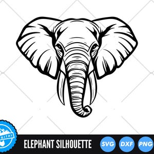 May include: A monochrome elephant silhouette. The image presents a detailed frontal view of an elephant's head, highlighting its large ears, tusks, and trunk. The text "ELEPHANT SILHOUETTE" is displayed below the image, along with SVG, DXF, PNG, and EPS icons.