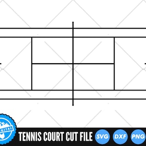 May include: A black and white line drawing of a tennis court. The court is divided into two halves by a center line and a net. There are also lines marking the service boxes, the baseline, and the sidelines.