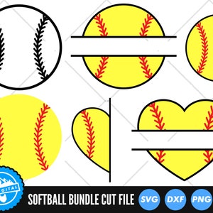 May include: A set of five softball-themed SVG cut files. The designs include a softball with stitching, a split softball with a blank space for text, a half softball, a heart-shaped softball with a blank space for text, and a softball with stitching.