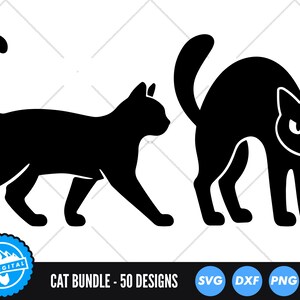 May include: Black cat silhouettes. One cat is walking, the other is arched with an angry expression. The image includes the text "CAT BUNDLE - 50 DESIGNS" and icons for SVG, DXF, PNG, and EPS file formats.
