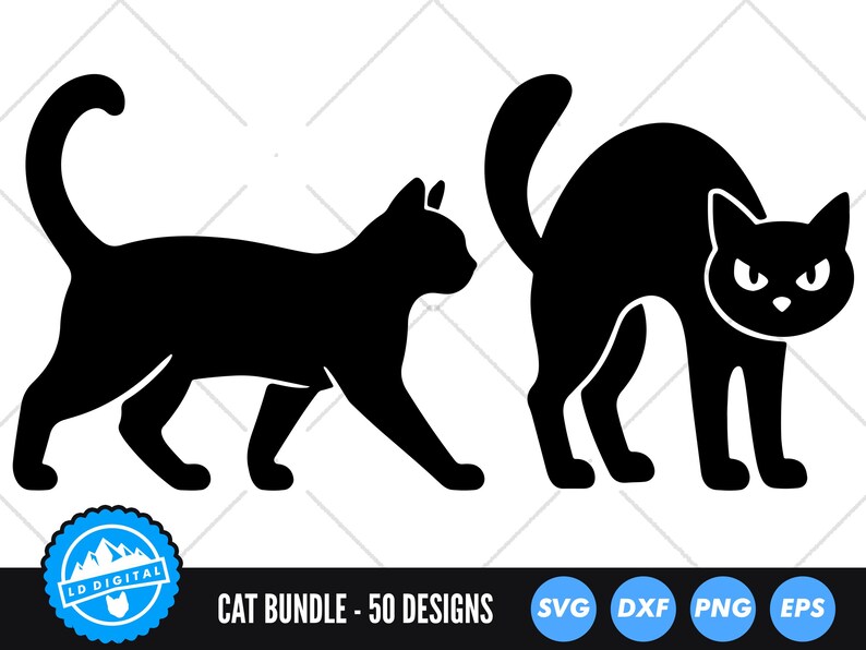 May include: Black cat silhouettes. One cat is walking, the other is arched with an angry expression. The image includes the text "CAT BUNDLE - 50 DESIGNS" and icons for SVG, DXF, PNG, and EPS file formats.