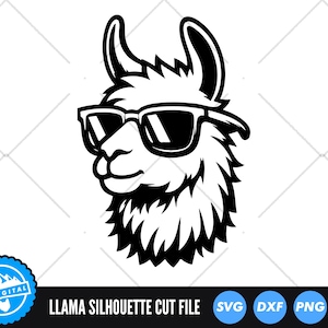 May include: Black and white silhouette of a llama wearing sunglasses. The llama is facing the right side of the image. The llama has a fluffy mane and a long neck.