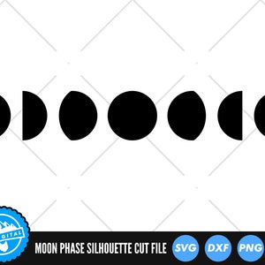May include: A black and white silhouette of the moon in eight different phases. The phases are arranged in a row from left to right, starting with a crescent moon and ending with a full moon.