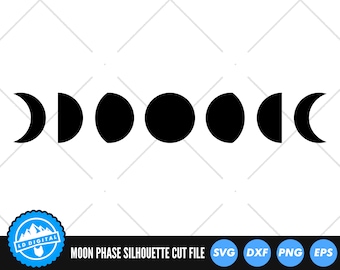 May include: A black and white silhouette of the moon in eight different phases. The phases are arranged in a row from left to right, starting with a crescent moon and ending with a full moon.