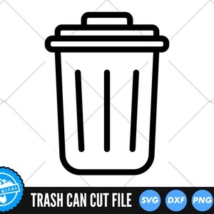 Könnte beinhalten: Schwarz-weiß-Linienzeichnung einer Mülltonne mit Deckel. Die Mülltonne hat vertikale Linien an der Seite. Das Bild ist mit "Trash Can Cut File" und den Dateitypen "SVG, DXF, PNG, EPS" beschriftet.