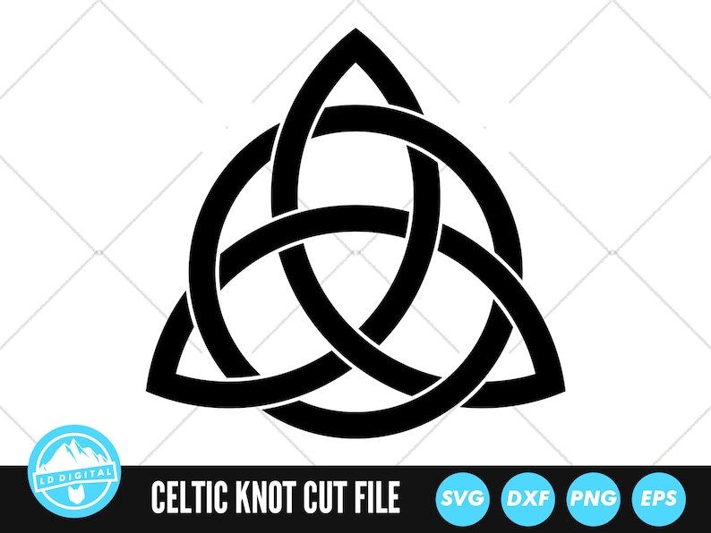May include: A black and white Celtic knot design in the shape of a triangle. The knot is a continuous line that forms three interlocking circles.