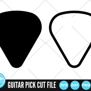 May include: A black and white outline of a guitar pick. The pick is shaped like a teardrop. The black pick is filled in, while the white pick is outlined.