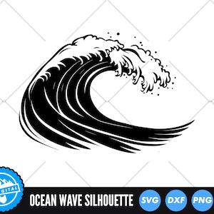 May include: Black and white silhouette of an ocean wave breaking. The wave is depicted in a stylised, graphic design style.