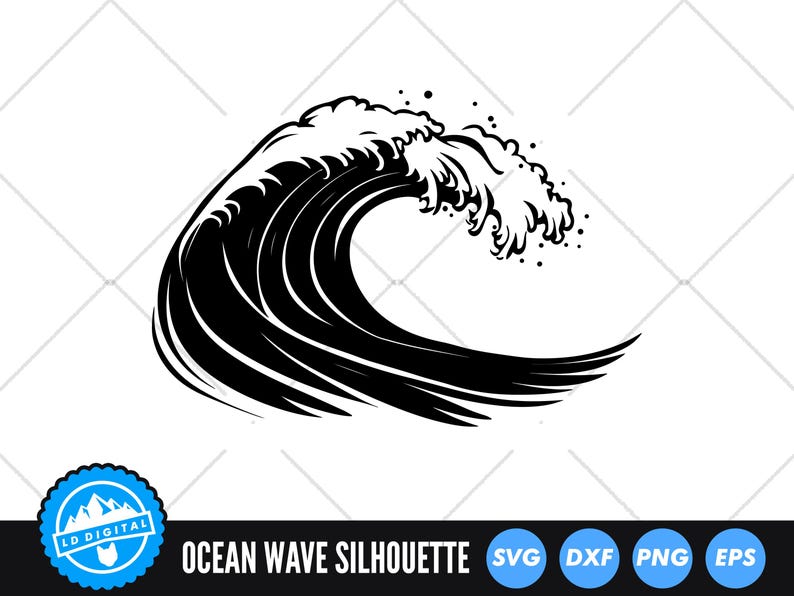 Puede incluir: Silueta en blanco y negro de una ola del oc&eacute;ano rompiendo. La ola est&aacute; representada en un estilo de dise&ntilde;o gr&aacute;fico estilizado.