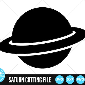 May include: Black and white silhouette of the planet Saturn with rings.  Saturn Cutting File.  SVG, DXF, PNG, EPS.