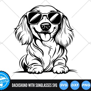 May include: Black and white illustration of a dachshund wearing sunglasses. The dachshund is looking to the right and has its tongue sticking out.