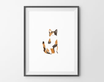 May include: A watercolor painting of a calico cat sitting with its tail curled around its body. The cat is looking up with a playful expression.