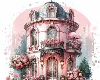 Pink Floral Building Watercolor Art Print (Digital Download)