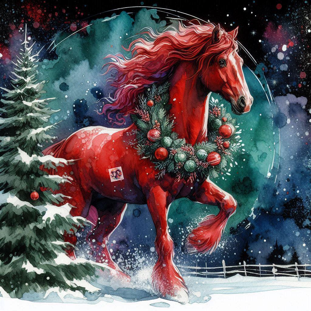Watercolor Red Horse Clip Art – Christmas Wreath, Winter JPG (digital ...