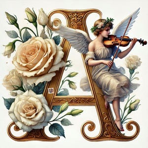 Alfabeto en color dorado con ángel con violín, impresión digital, JPG de alta calidad, descargas digitales, manualidades de papel, revistas basura