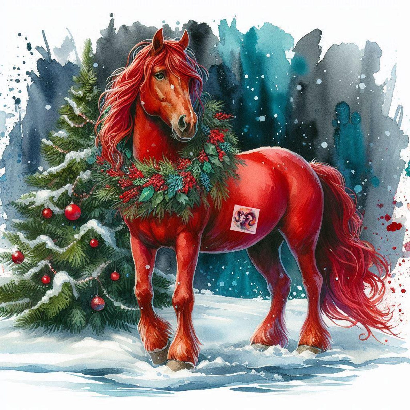 Watercolor Red Horse Clip Art – Christmas Wreath, Winter JPG (digital ...
