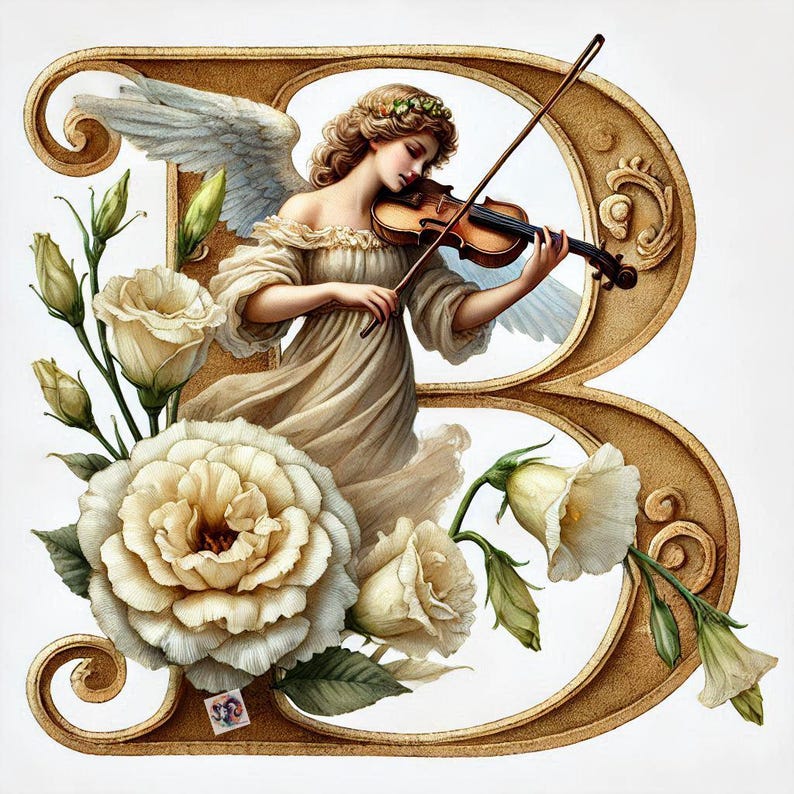 Angel Initial Floral Angel Initial A Art Print: Gold Letter, Violin (digital Download ...