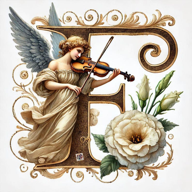 Angel Initial Floral Angel Initial A Art Print: Gold Letter, Violin (digital Download ...