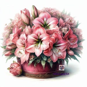 May include: A bouquet of pink amaryllis flowers in a pink and gold decorative box. The flowers are arranged in a circular shape and have white centers. The box has a gold trim and a floral design.
