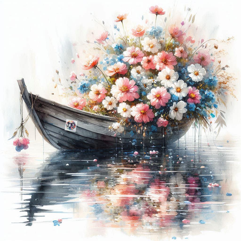 ヴィンテージボートと花の水彩画アートプリント（JPGデジタル
