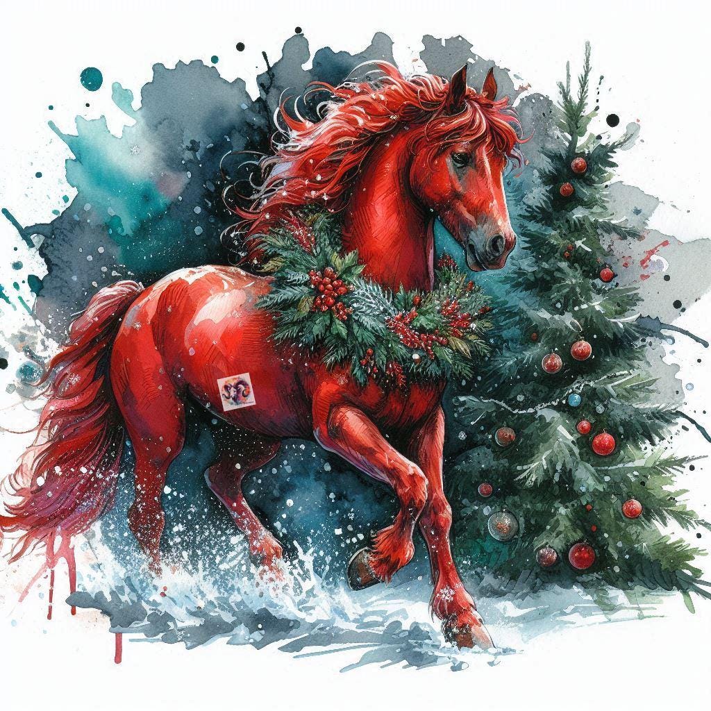 Watercolor Red Horse Clip Art – Christmas Wreath, Winter JPG (digital ...