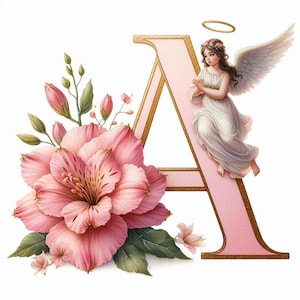 Alfabeto aquarela em tons suaves de rosa com anjo, alfabeto, impressão digital, JPG de alta qualidade, downloads digitais, artesanato em papel, revistas de lixo